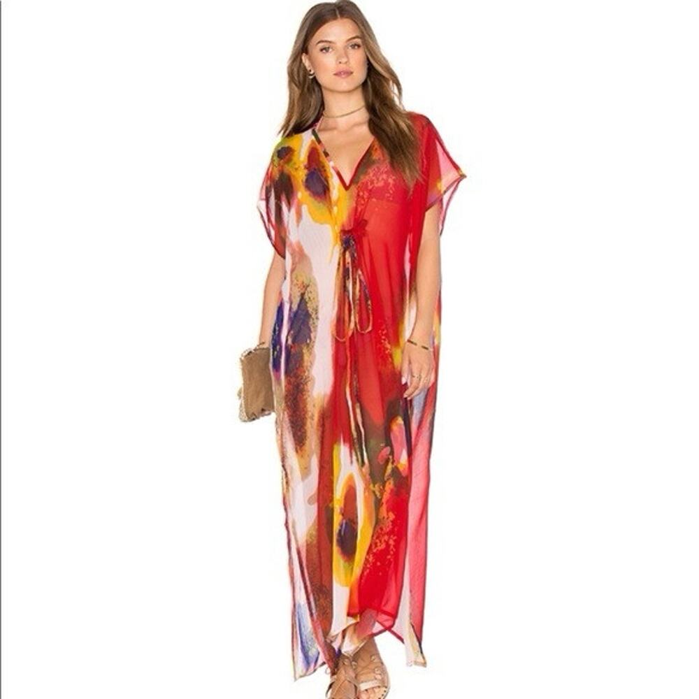 Michael Stars Sheer Colorful Watercolor Kaftan Cover Up One Size Pastel Gardens